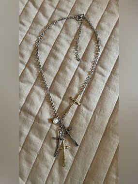 Mixed Metal Cross Pendant Necklace with Faux Pearl